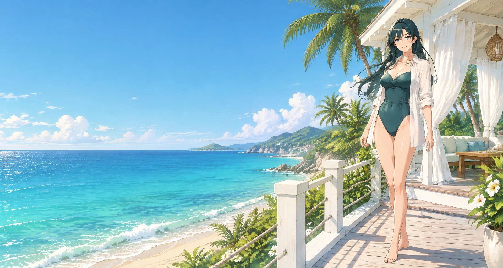 An adult anime companion on a sunlit coastal pavilion