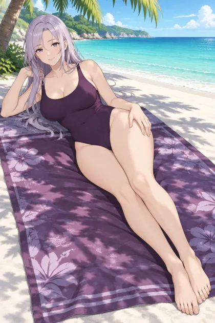 Ithrienne, an adult anime woman reclining on a patterned beach towel
