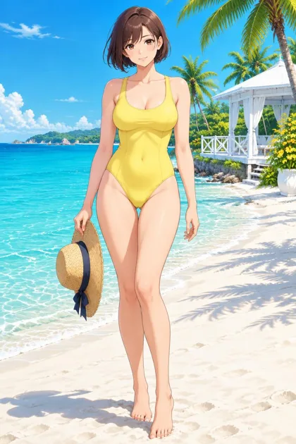 Osphira, an adult anime woman standing on the beach with a straw hat
