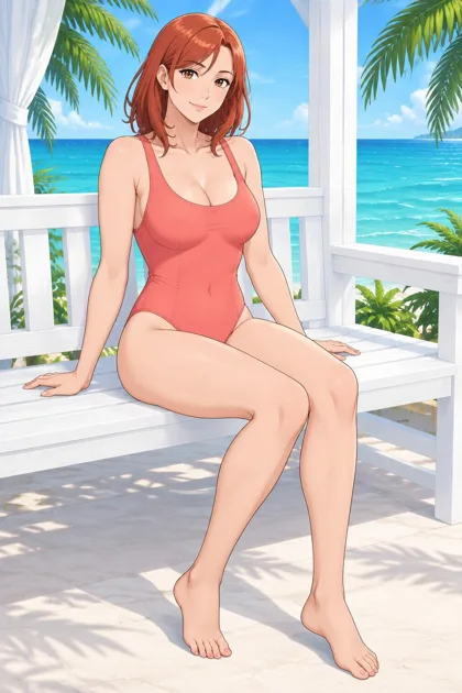 Seravyn, an adult anime woman sitting on a white seaside bench
