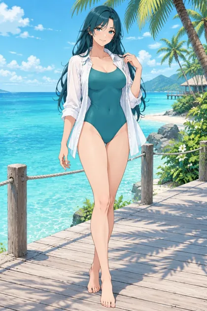 Vaelora, an adult anime woman standing on a seaside boardwalk